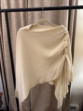 Cream Ribbed Fringe Lace-Up Poncho